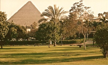 The Great Pyramid as seen from Mena House grounds 
